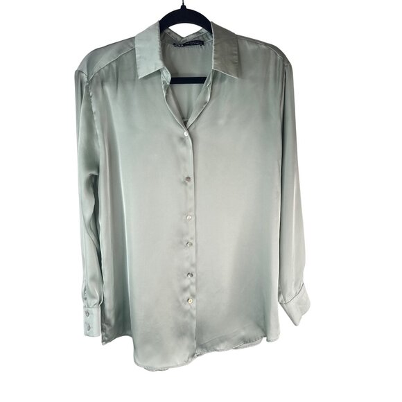 2/$30 ZARA Blouse XS Sage Green Long Sleeve Button-Up Polyester - Picture 7 of 15